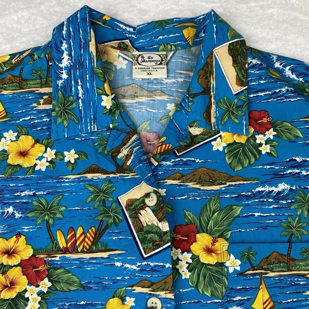 GO BAREFOOT Womens Hawaiian Shirt XL Blue Tropical Print